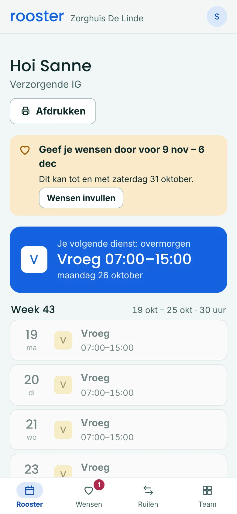 De app van een medewerker: de volgende dienst bovenaan, daaronder de diensten van deze week.