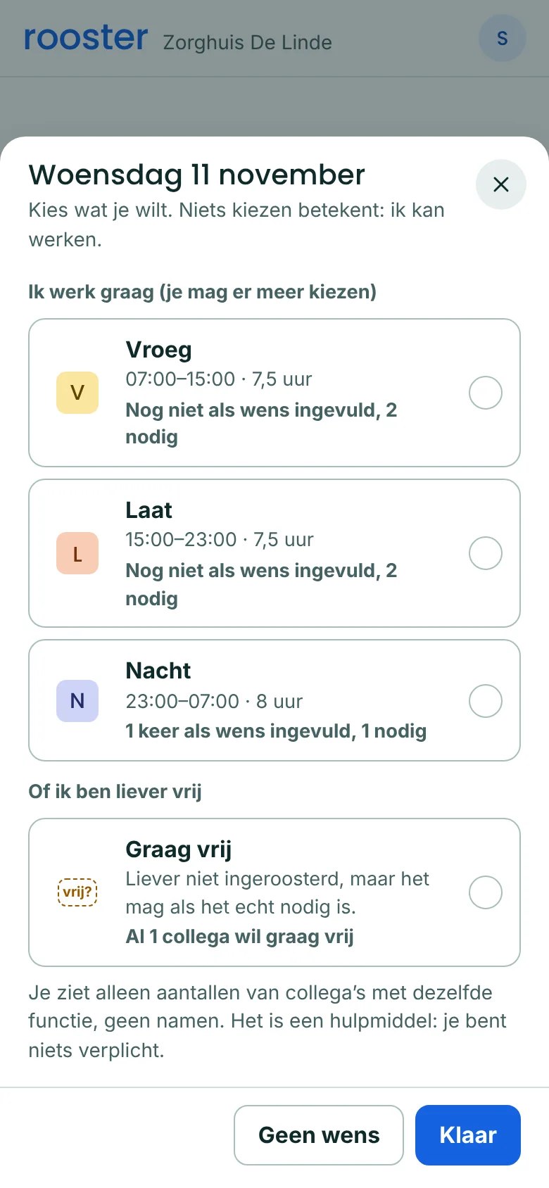 Een wens kiezen voor woensdag 11 november. Bij elke dienst staat hoeveel collega's hem al willen en hoeveel er nodig zijn, bijvoorbeeld bij Nacht: al 1 collega wil deze dienst, 1 nodig, kleine kans.